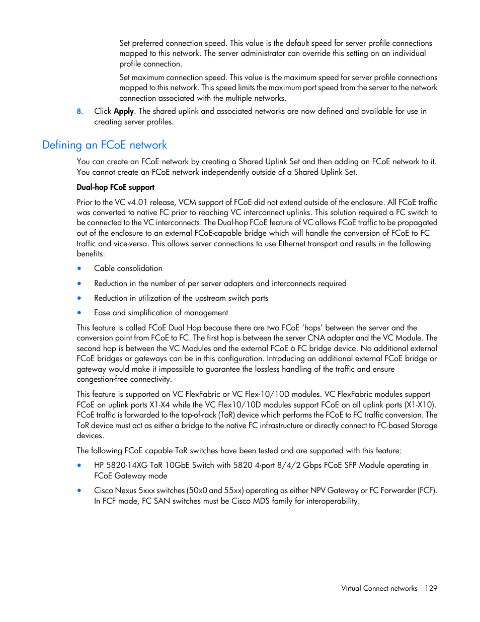 Defining an fcoe network | HP Virtual Connect Flex-10 10Gb Ethernet Module for c-Class BladeSystem User Manual | Page 129 / 290