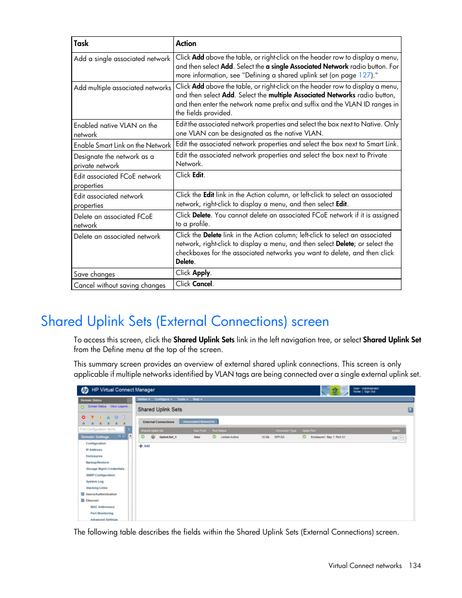 Shared uplink sets (external connections) screen | HP Virtual Connect Flex-10 10Gb Ethernet Module for c-Class BladeSystem User Manual | Page 134 / 290