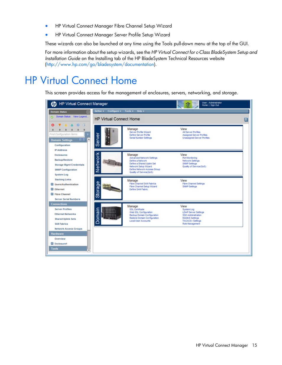 Hp virtual connect home | HP Virtual Connect Flex-10 10Gb Ethernet Module for c-Class BladeSystem User Manual | Page 15 / 290