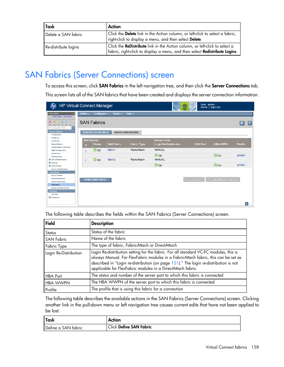 San fabrics (server connections) screen | HP Virtual Connect Flex-10 10Gb Ethernet Module for c-Class BladeSystem User Manual | Page 158 / 290