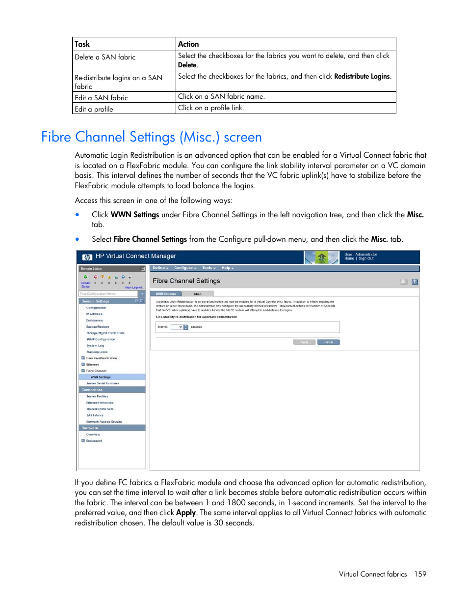 Fibre channel settings (misc.) screen | HP Virtual Connect Flex-10 10Gb Ethernet Module for c-Class BladeSystem User Manual | Page 159 / 290