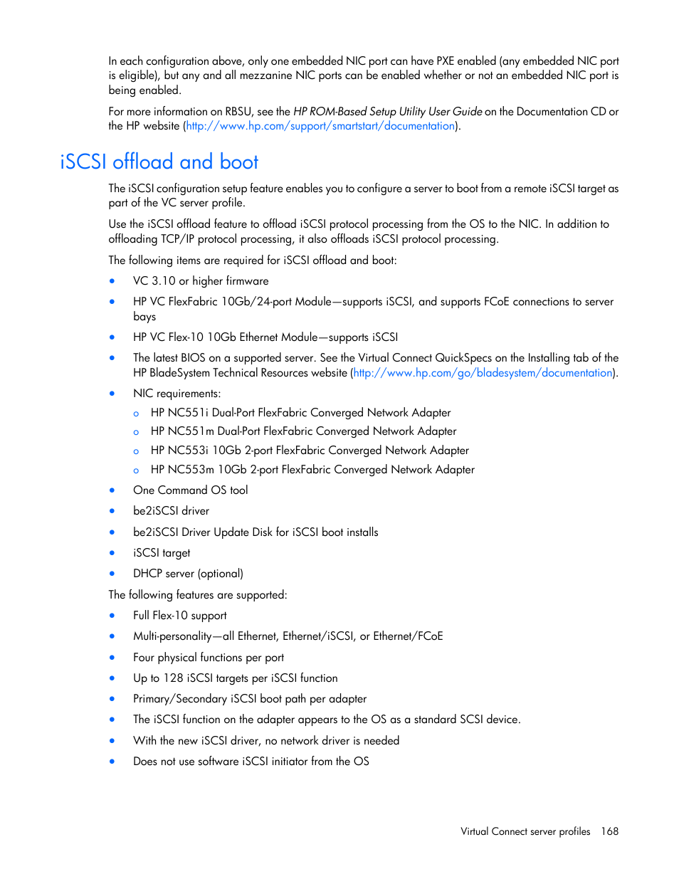 Iscsi offload and boot | HP Virtual Connect Flex-10 10Gb Ethernet Module for c-Class BladeSystem User Manual | Page 168 / 290