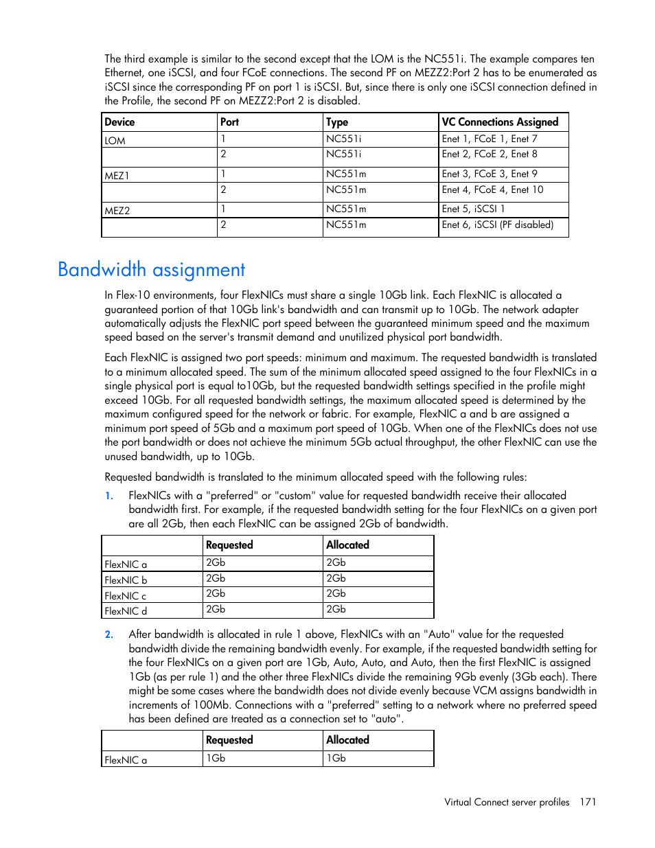 Bandwidth assignment | HP Virtual Connect Flex-10 10Gb Ethernet Module for c-Class BladeSystem User Manual | Page 171 / 290