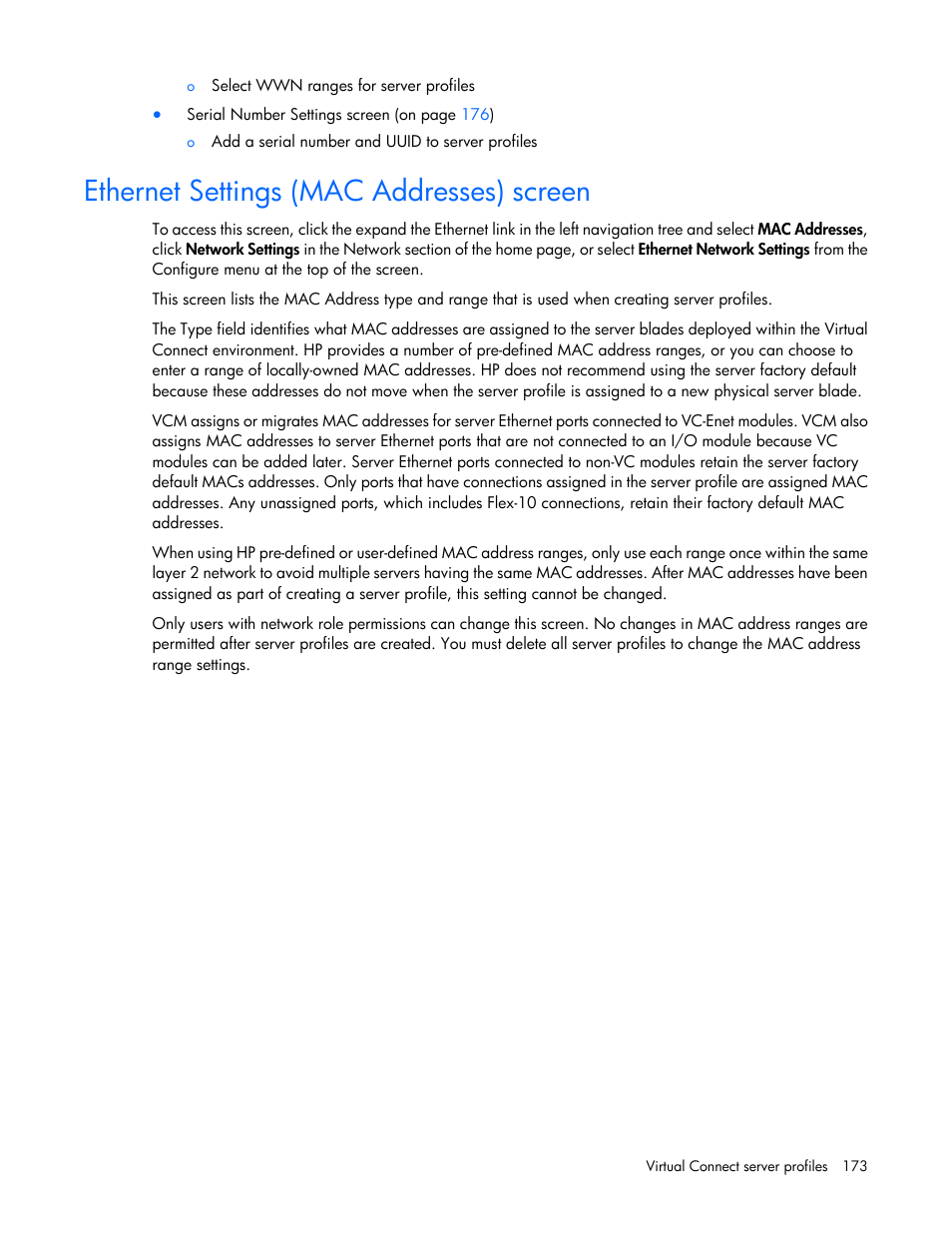 Ethernet settings (mac addresses) screen | HP Virtual Connect Flex-10 10Gb Ethernet Module for c-Class BladeSystem User Manual | Page 173 / 290