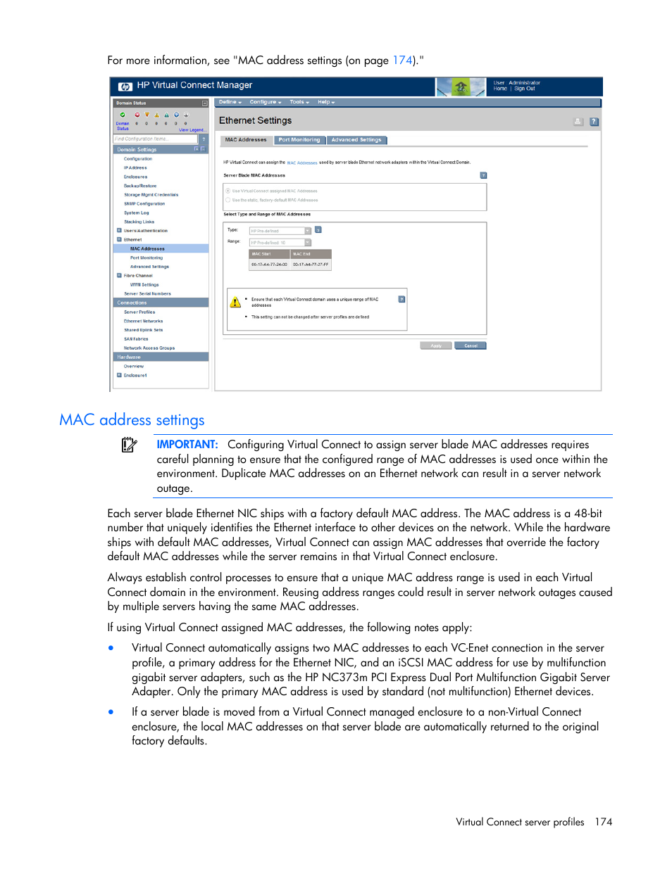 Mac address settings | HP Virtual Connect Flex-10 10Gb Ethernet Module for c-Class BladeSystem User Manual | Page 174 / 290