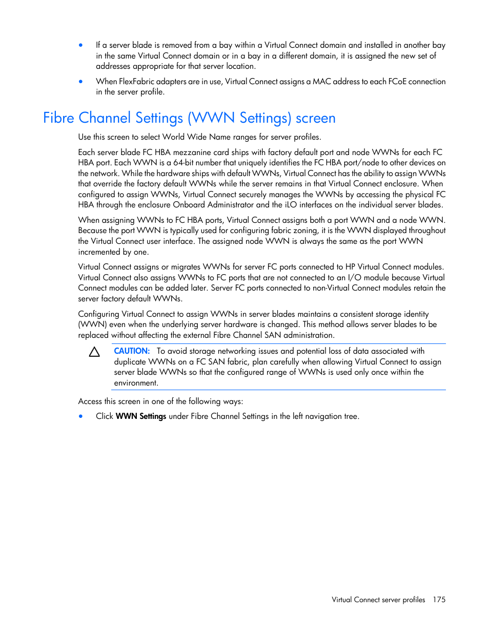 Fibre channel settings (wwn settings) screen | HP Virtual Connect Flex-10 10Gb Ethernet Module for c-Class BladeSystem User Manual | Page 175 / 290