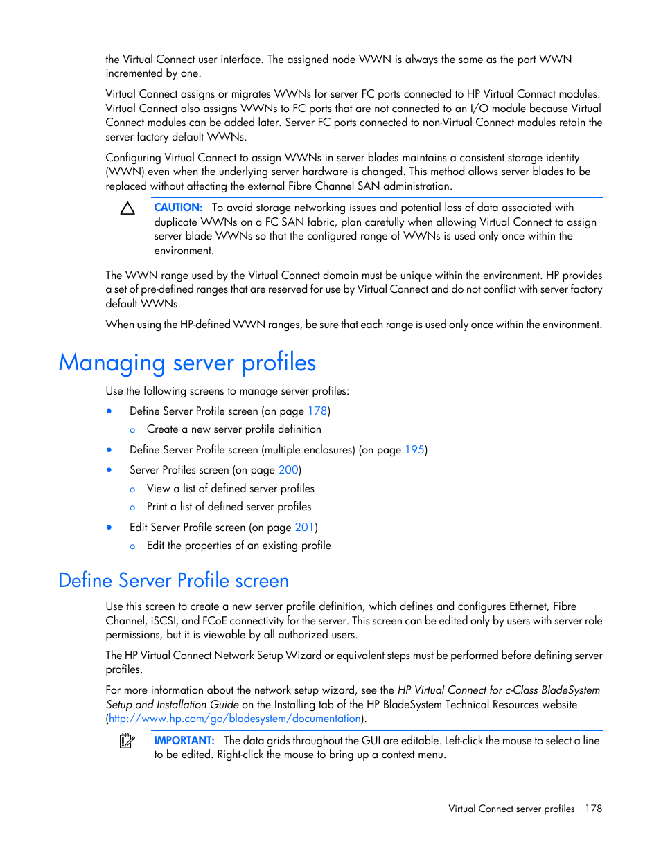 Managing server profiles, Define server profile screen | HP Virtual Connect Flex-10 10Gb Ethernet Module for c-Class BladeSystem User Manual | Page 178 / 290