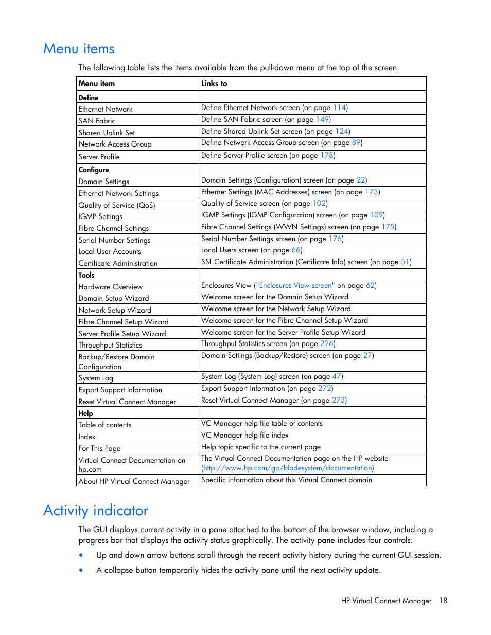 Menu items, Activity indicator | HP Virtual Connect Flex-10 10Gb Ethernet Module for c-Class BladeSystem User Manual | Page 18 / 290