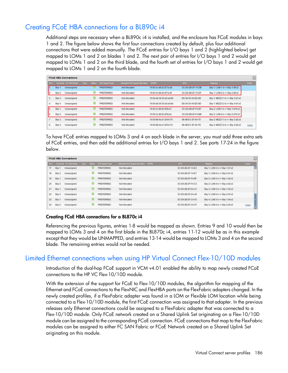 Creating fcoe hba connections for a bl890c i4 | HP Virtual Connect Flex-10 10Gb Ethernet Module for c-Class BladeSystem User Manual | Page 186 / 290