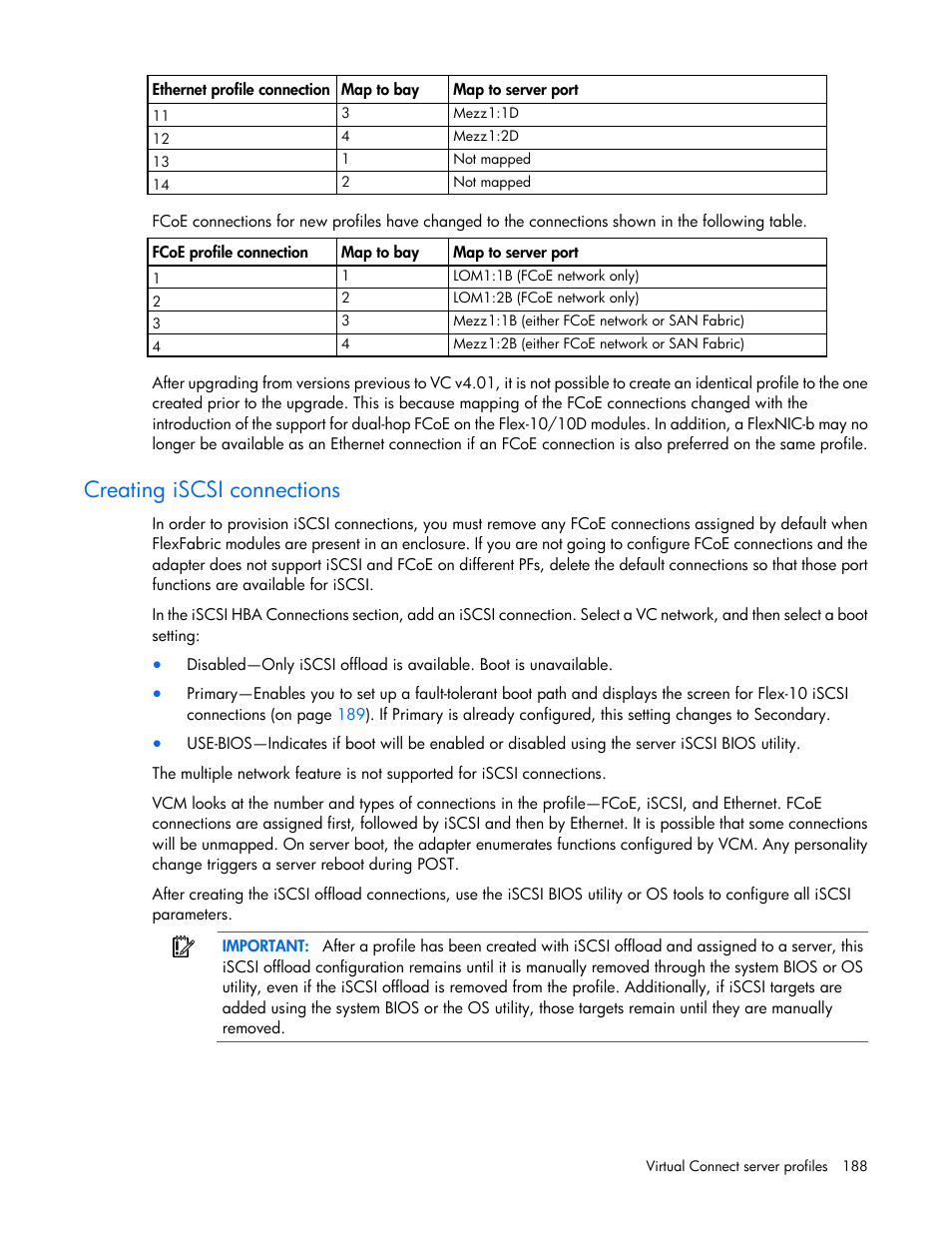 Creating iscsi connections | HP Virtual Connect Flex-10 10Gb Ethernet Module for c-Class BladeSystem User Manual | Page 188 / 290