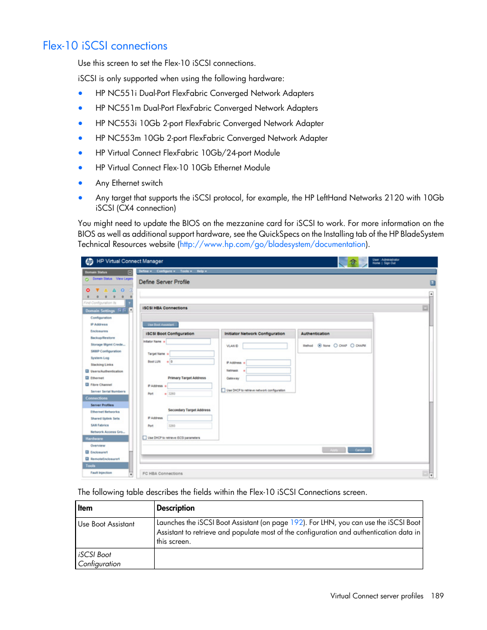 Flex-10 iscsi connections | HP Virtual Connect Flex-10 10Gb Ethernet Module for c-Class BladeSystem User Manual | Page 189 / 290