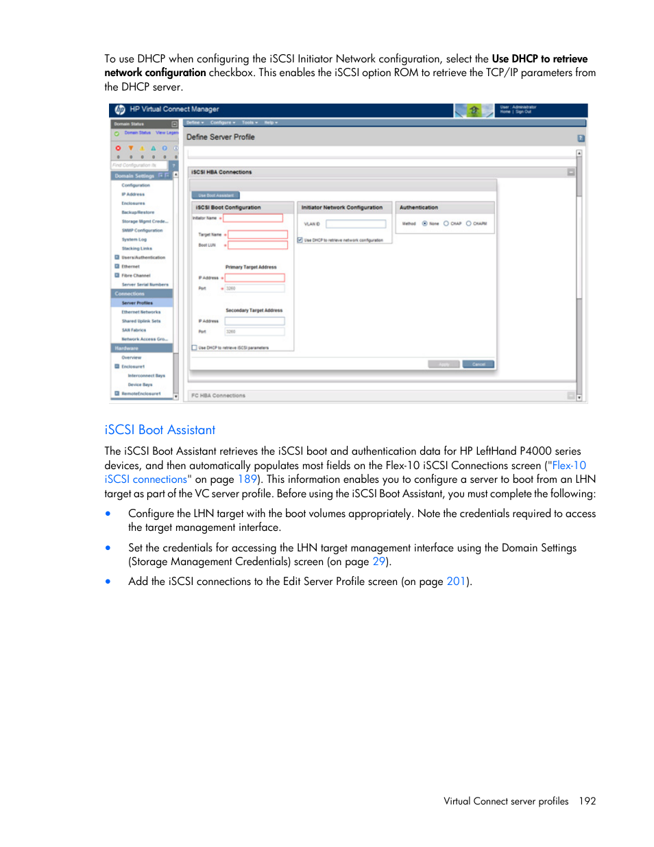 Iscsi boot assistant | HP Virtual Connect Flex-10 10Gb Ethernet Module for c-Class BladeSystem User Manual | Page 192 / 290