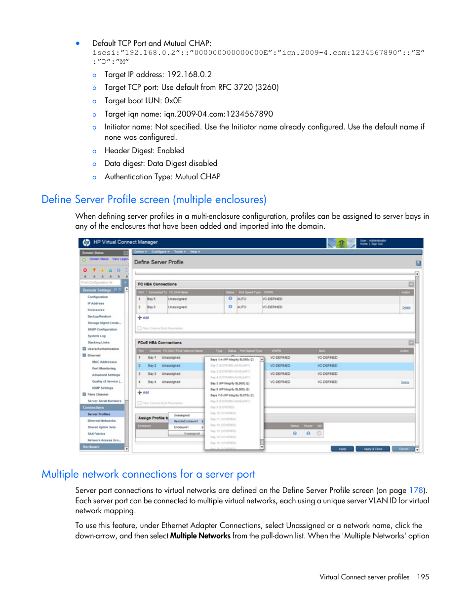 Define server profile screen (multiple enclosures), Multiple network connections for a server port | HP Virtual Connect Flex-10 10Gb Ethernet Module for c-Class BladeSystem User Manual | Page 195 / 290