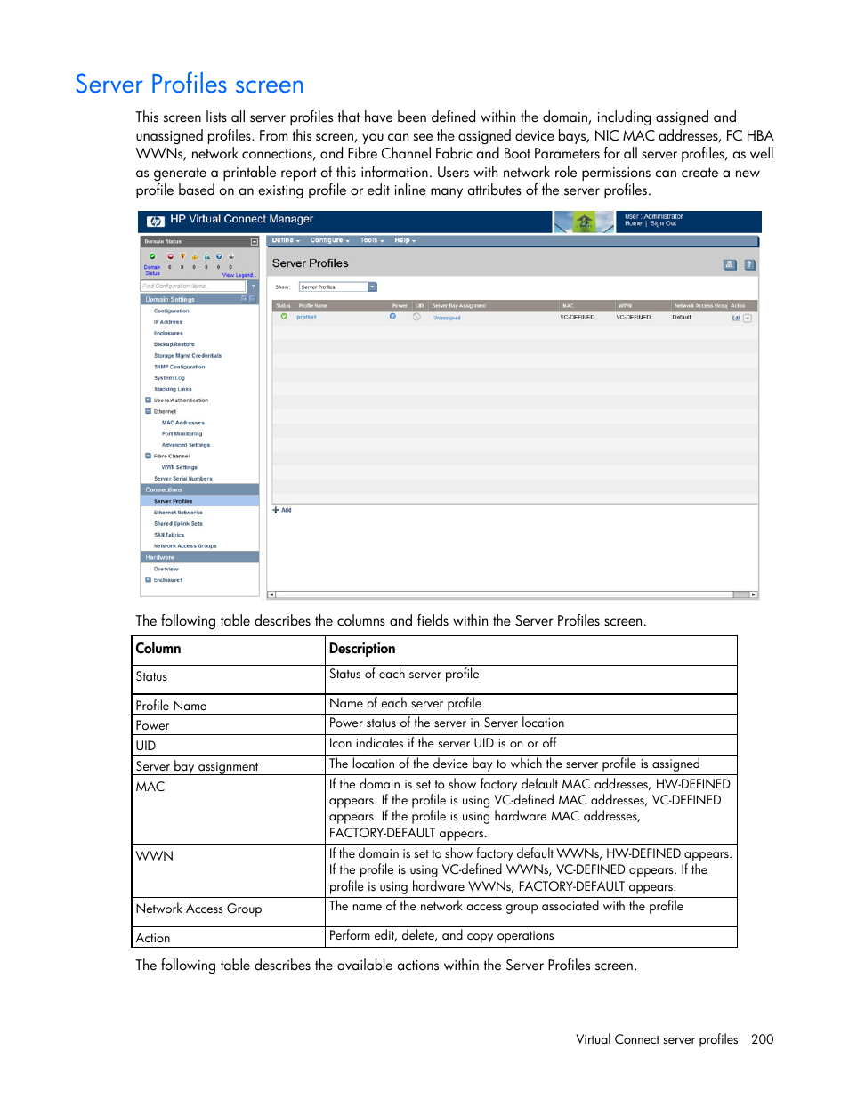 Server profiles screen | HP Virtual Connect Flex-10 10Gb Ethernet Module for c-Class BladeSystem User Manual | Page 200 / 290