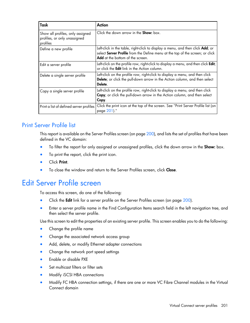 Print server profile list, Edit server profile screen | HP Virtual Connect Flex-10 10Gb Ethernet Module for c-Class BladeSystem User Manual | Page 201 / 290