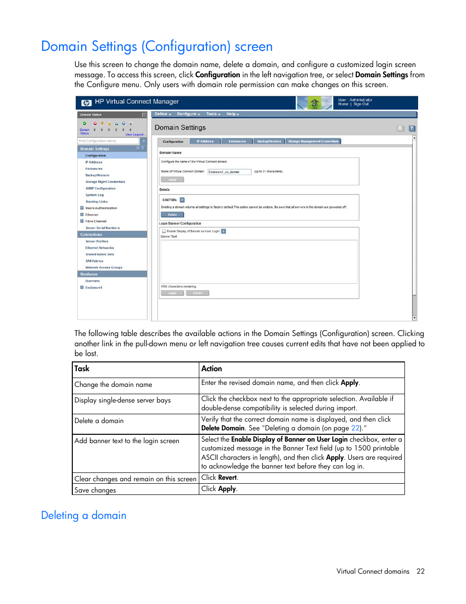 Domain settings (configuration) screen, Deleting a domain | HP Virtual Connect Flex-10 10Gb Ethernet Module for c-Class BladeSystem User Manual | Page 22 / 290