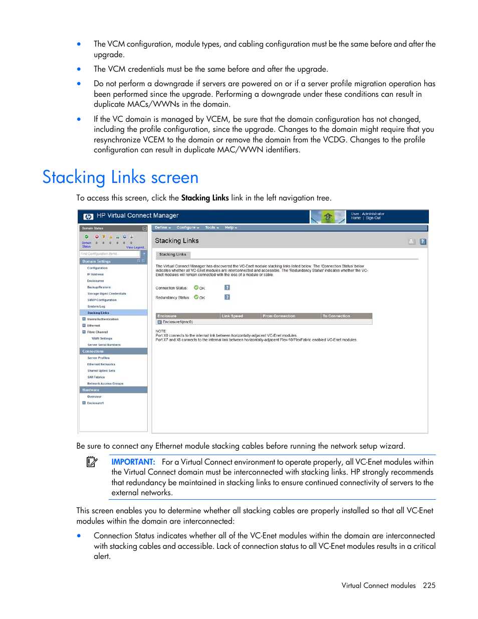 Stacking links screen | HP Virtual Connect Flex-10 10Gb Ethernet Module for c-Class BladeSystem User Manual | Page 225 / 290