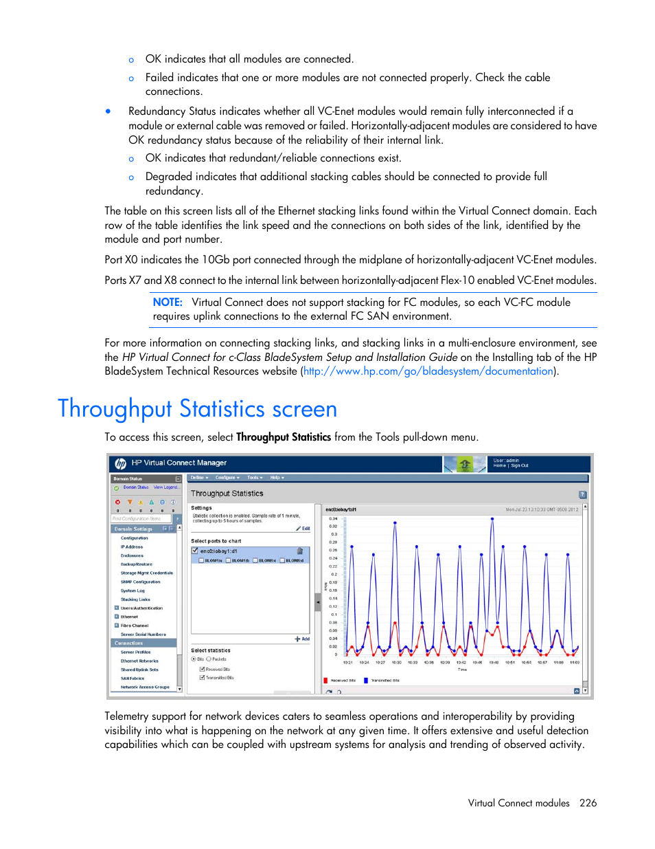 Throughput statistics screen | HP Virtual Connect Flex-10 10Gb Ethernet Module for c-Class BladeSystem User Manual | Page 226 / 290