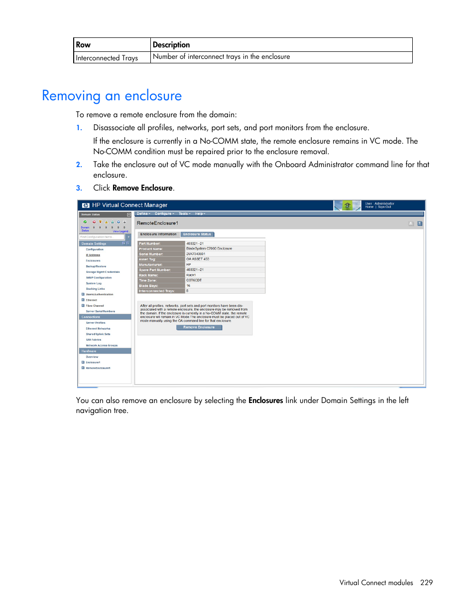 Removing an enclosure | HP Virtual Connect Flex-10 10Gb Ethernet Module for c-Class BladeSystem User Manual | Page 229 / 290