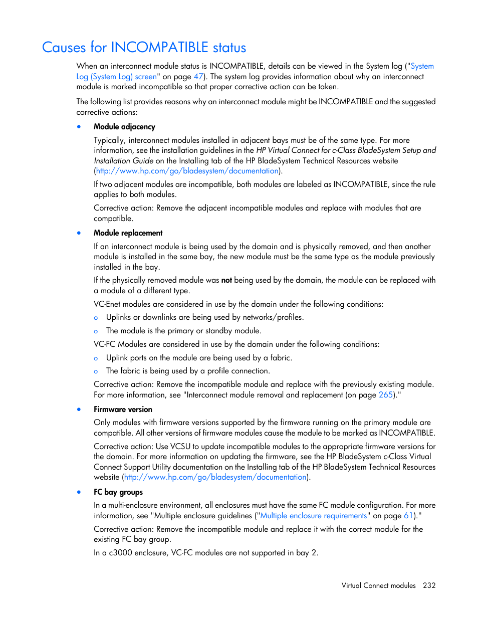 Causes for incompatible status | HP Virtual Connect Flex-10 10Gb Ethernet Module for c-Class BladeSystem User Manual | Page 232 / 290