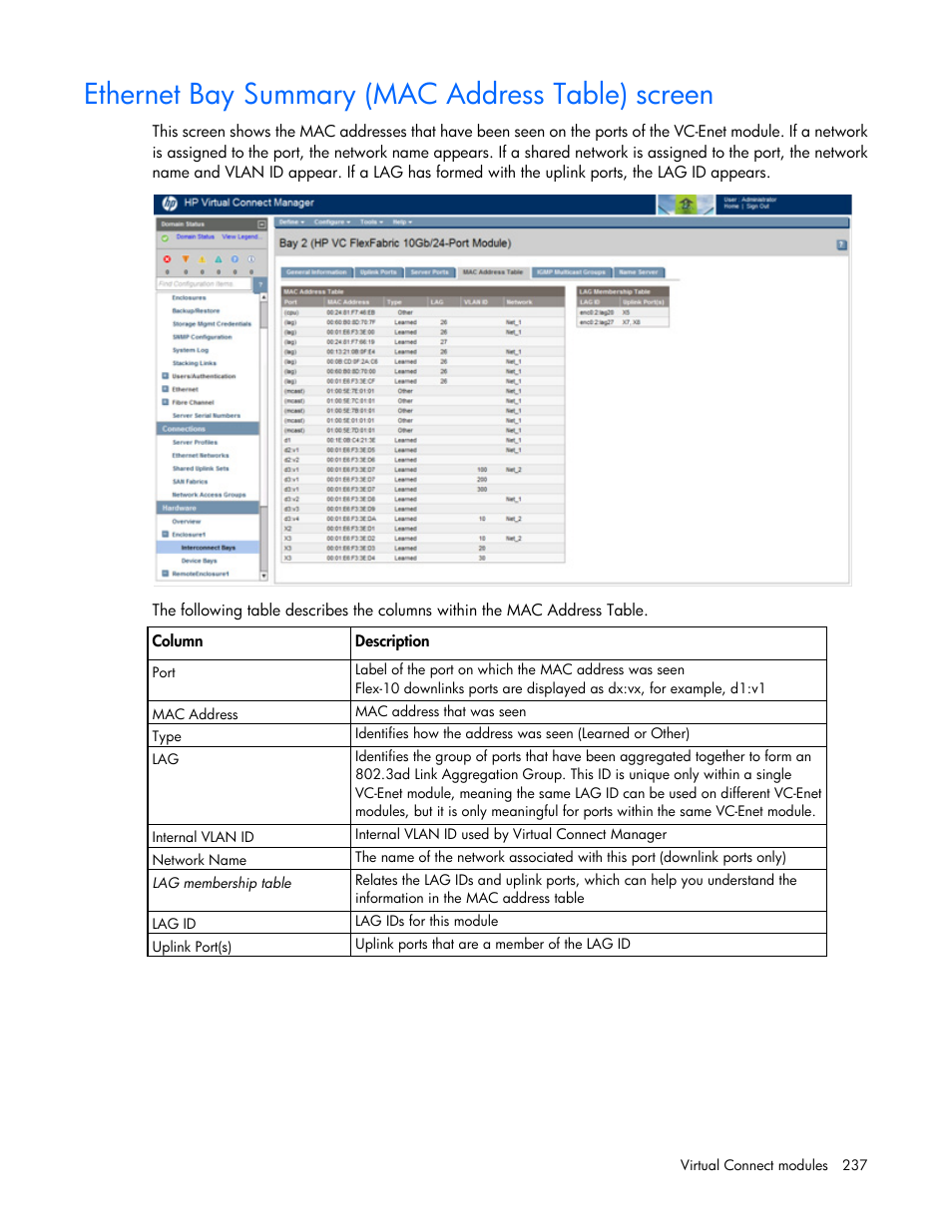 Ethernet bay summary (mac address table) screen | HP Virtual Connect Flex-10 10Gb Ethernet Module for c-Class BladeSystem User Manual | Page 237 / 290