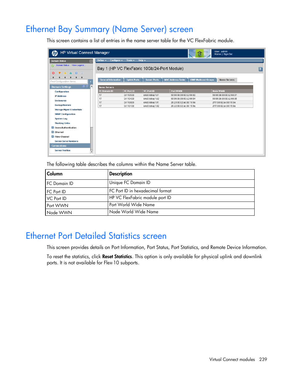 Ethernet bay summary (name server) screen, Ethernet port detailed statistics screen, Ethernet | Port detailed statistics screen, Ethernet port, Detailed statistics screen | HP Virtual Connect Flex-10 10Gb Ethernet Module for c-Class BladeSystem User Manual | Page 239 / 290