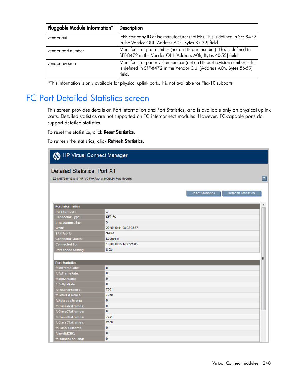 Fc port detailed statistics screen, Fc port, Detailed statistics screen | HP Virtual Connect Flex-10 10Gb Ethernet Module for c-Class BladeSystem User Manual | Page 248 / 290