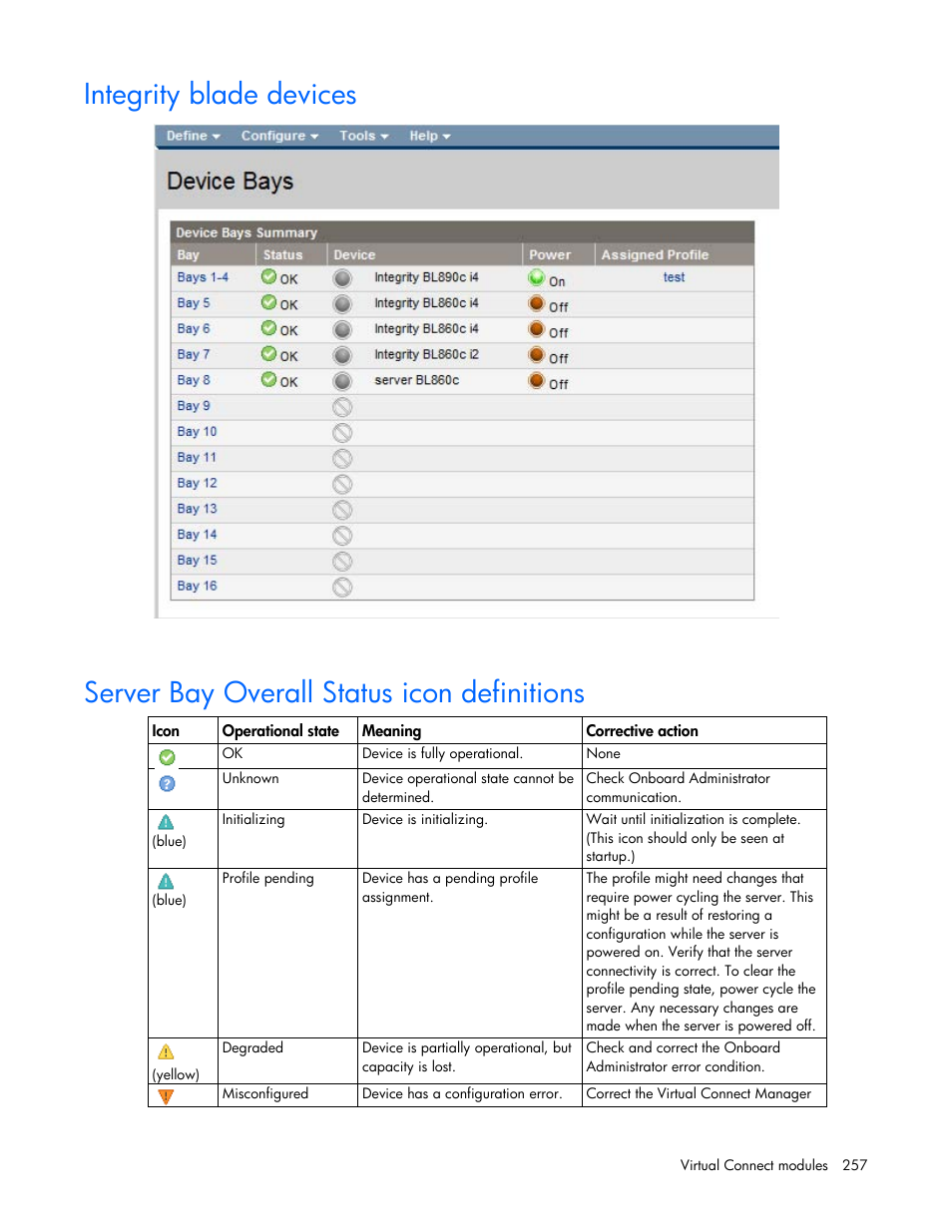 Integrity blade devices, Server bay overall status icon definitions | HP Virtual Connect Flex-10 10Gb Ethernet Module for c-Class BladeSystem User Manual | Page 257 / 290