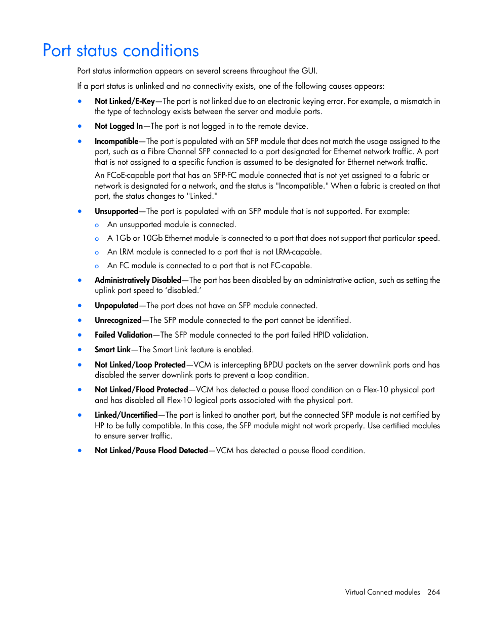 Port status conditions | HP Virtual Connect Flex-10 10Gb Ethernet Module for c-Class BladeSystem User Manual | Page 264 / 290