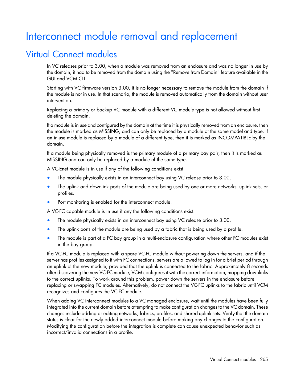 Interconnect module removal and replacement, Virtual connect modules | HP Virtual Connect Flex-10 10Gb Ethernet Module for c-Class BladeSystem User Manual | Page 265 / 290