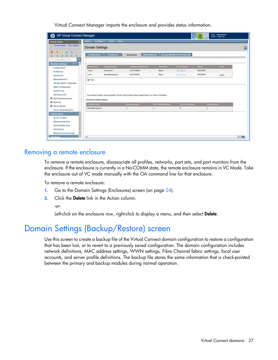 Removing a remote enclosure, Domain settings (backup/restore) screen | HP Virtual Connect Flex-10 10Gb Ethernet Module for c-Class BladeSystem User Manual | Page 27 / 290