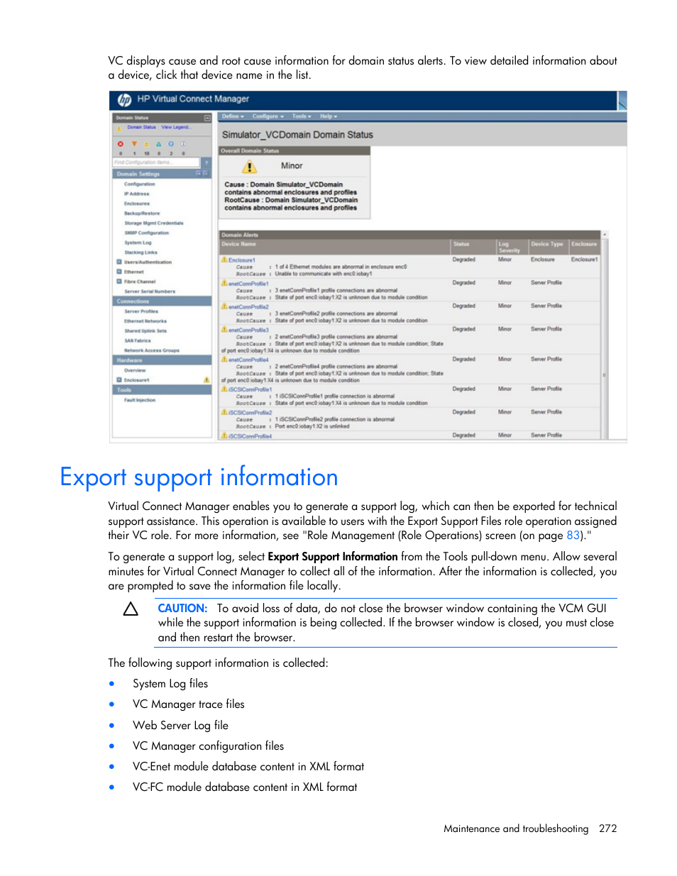 Export support information | HP Virtual Connect Flex-10 10Gb Ethernet Module for c-Class BladeSystem User Manual | Page 272 / 290