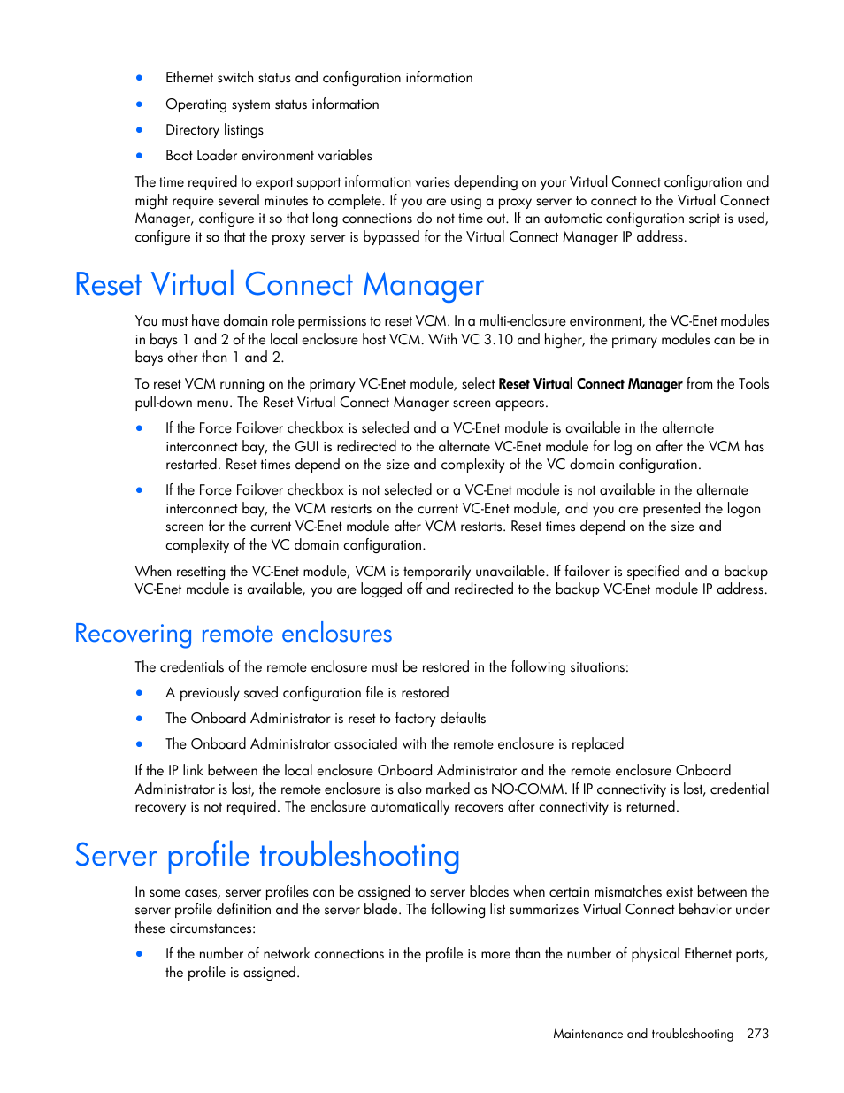 Reset virtual connect manager, Recovering remote enclosures, Server profile troubleshooting | HP Virtual Connect Flex-10 10Gb Ethernet Module for c-Class BladeSystem User Manual | Page 273 / 290