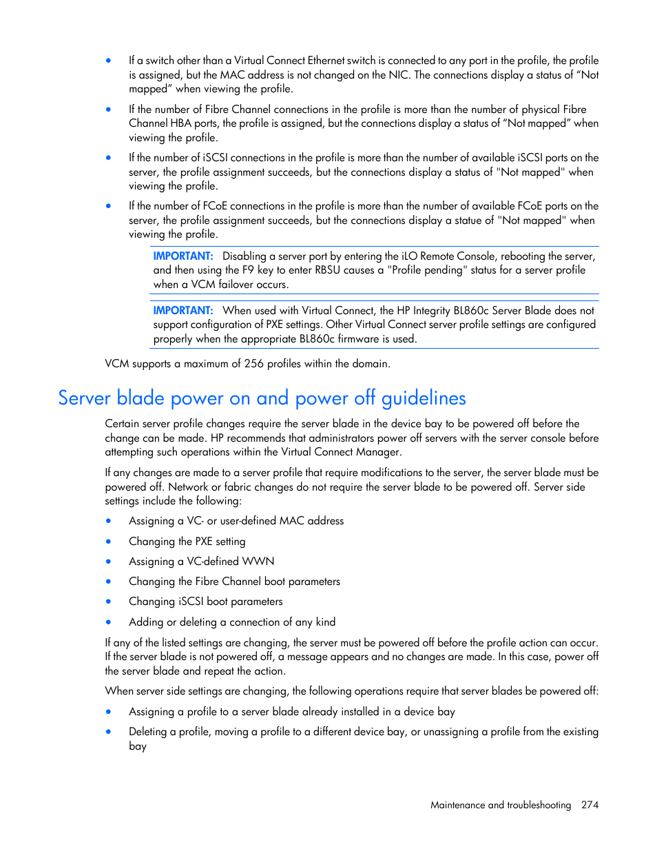 Server blade power on and power off guidelines | HP Virtual Connect Flex-10 10Gb Ethernet Module for c-Class BladeSystem User Manual | Page 274 / 290