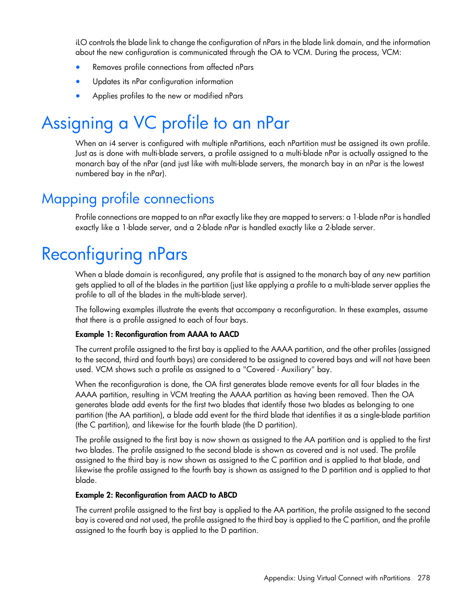 Assigning a vc profile to an npar, Mapping profile connections, Reconfiguring npars | HP Virtual Connect Flex-10 10Gb Ethernet Module for c-Class BladeSystem User Manual | Page 278 / 290