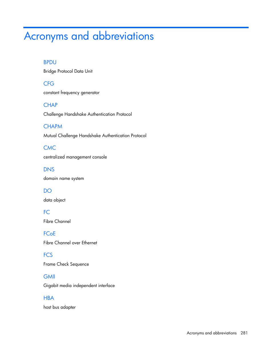 Acronyms and abbreviations | HP Virtual Connect Flex-10 10Gb Ethernet Module for c-Class BladeSystem User Manual | Page 281 / 290