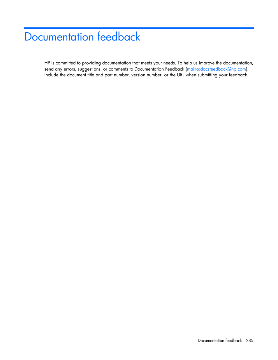 Documentation feedback | HP Virtual Connect Flex-10 10Gb Ethernet Module for c-Class BladeSystem User Manual | Page 285 / 290