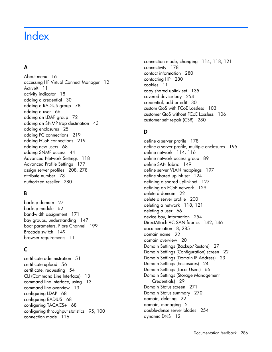 Index | HP Virtual Connect Flex-10 10Gb Ethernet Module for c-Class BladeSystem User Manual | Page 286 / 290