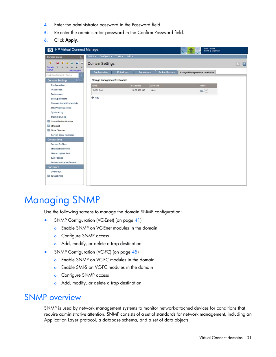 Managing snmp, Snmp overview | HP Virtual Connect Flex-10 10Gb Ethernet Module for c-Class BladeSystem User Manual | Page 31 / 290