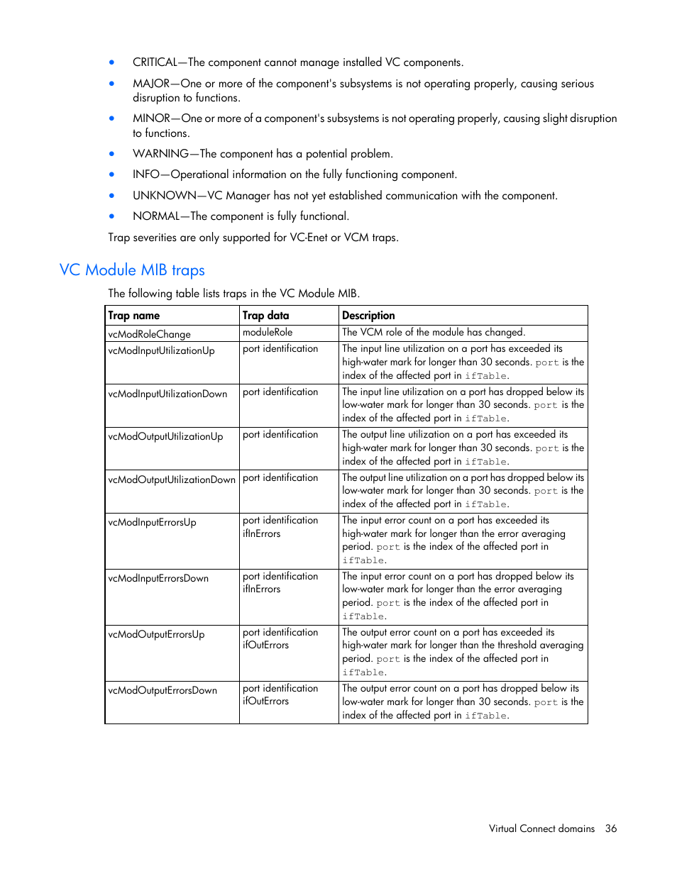 Vc module mib traps | HP Virtual Connect Flex-10 10Gb Ethernet Module for c-Class BladeSystem User Manual | Page 36 / 290