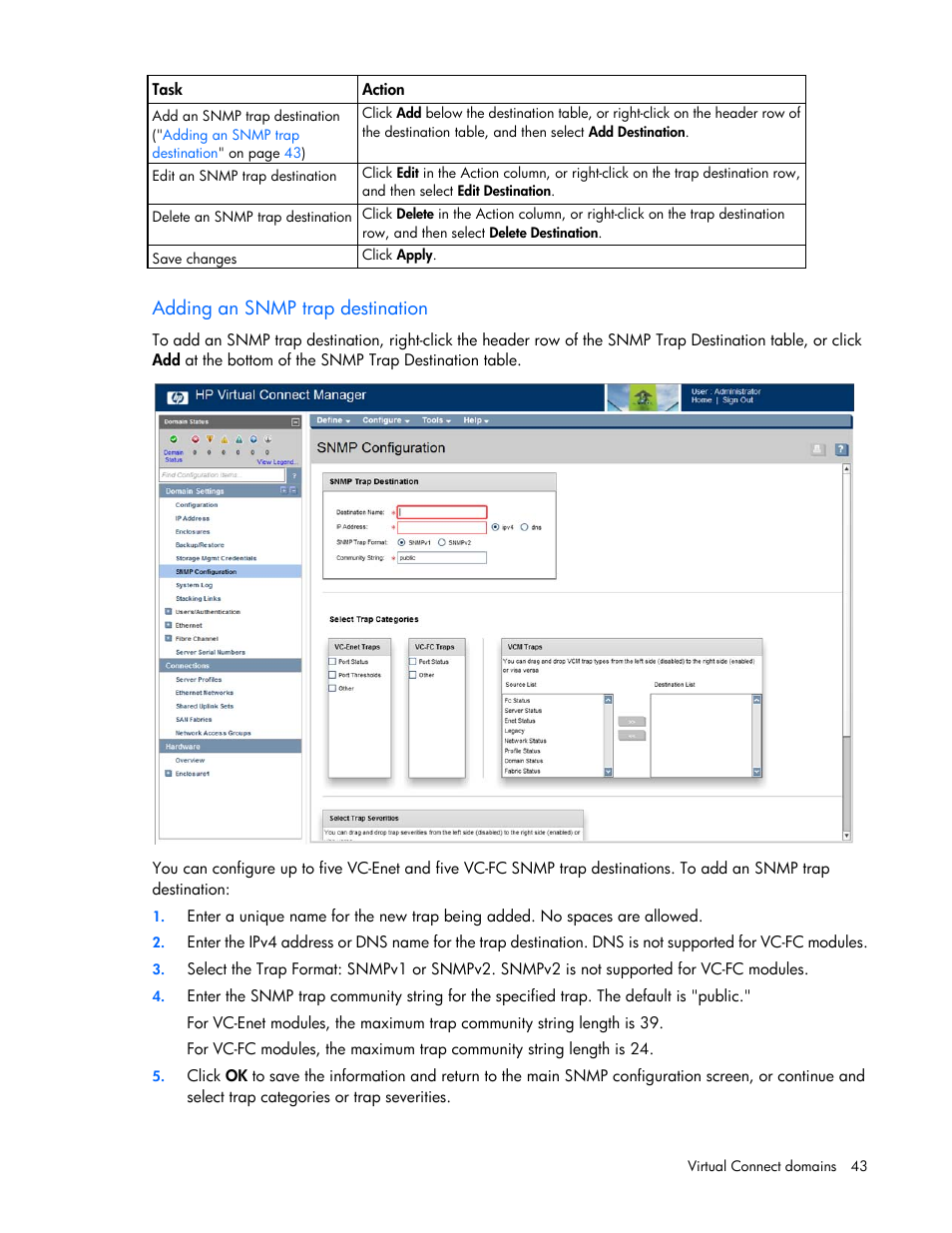 Adding an snmp trap destination | HP Virtual Connect Flex-10 10Gb Ethernet Module for c-Class BladeSystem User Manual | Page 43 / 290