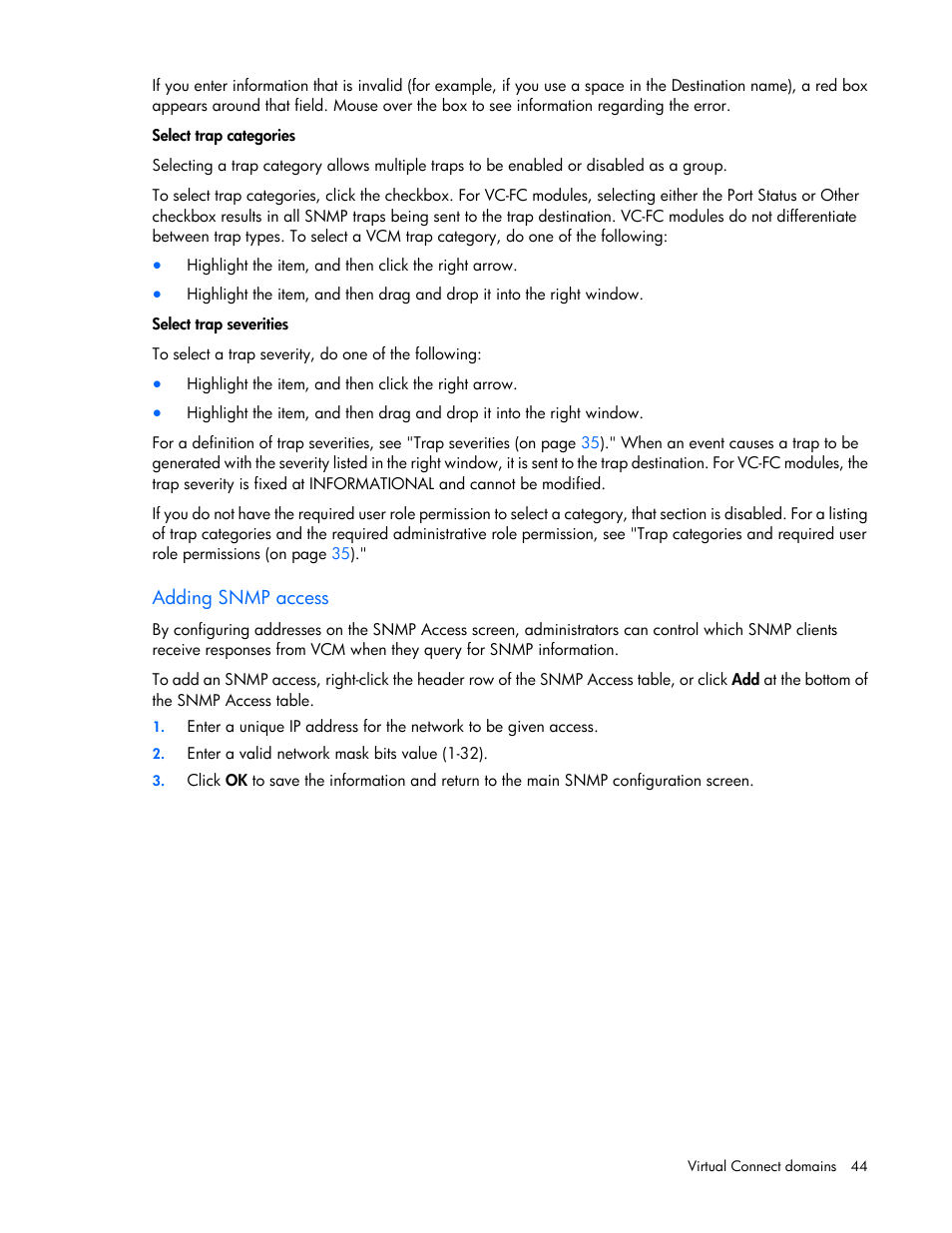 Adding snmp access, Adding, Snmp access | HP Virtual Connect Flex-10 10Gb Ethernet Module for c-Class BladeSystem User Manual | Page 44 / 290