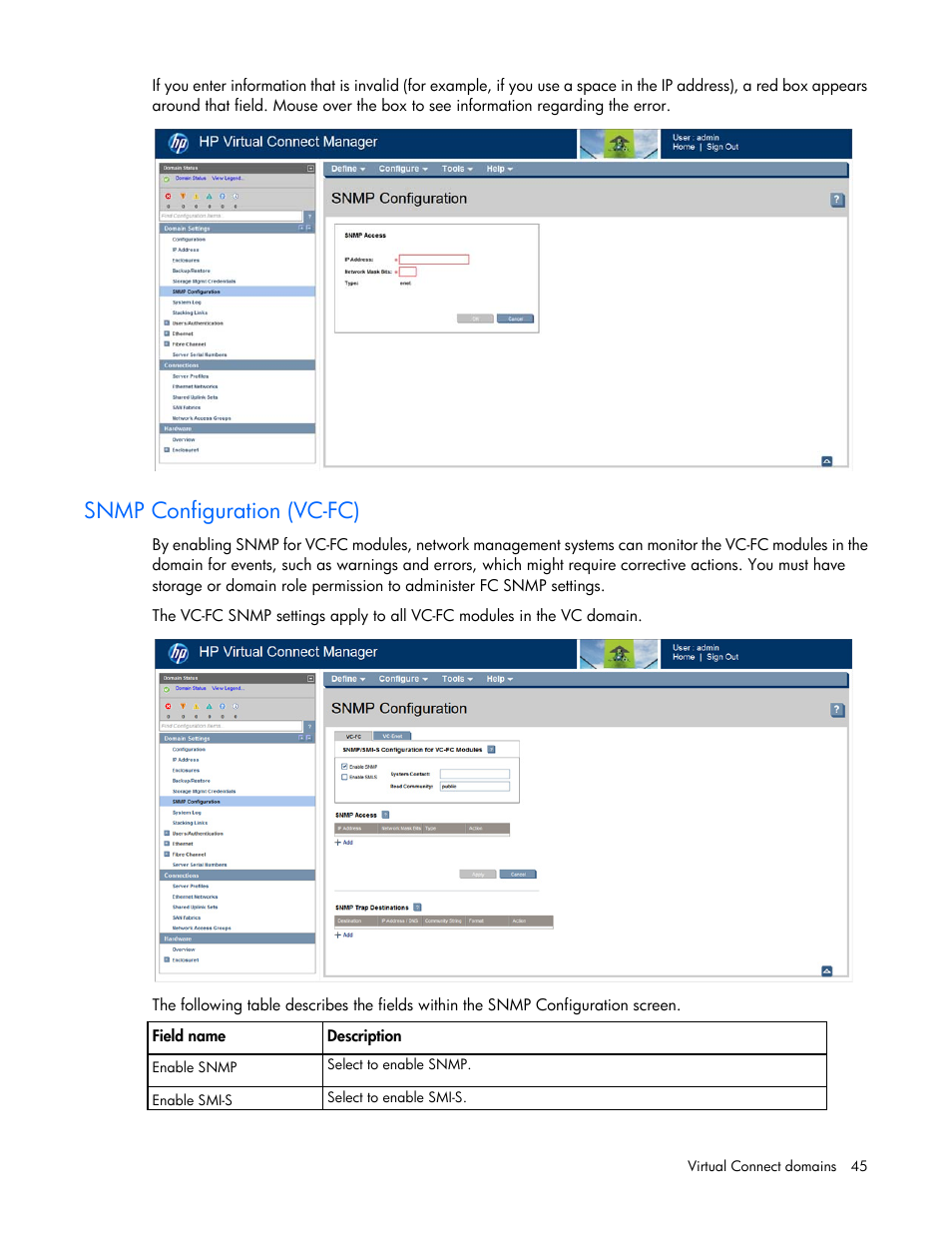 Snmp configuration (vc-fc) | HP Virtual Connect Flex-10 10Gb Ethernet Module for c-Class BladeSystem User Manual | Page 45 / 290