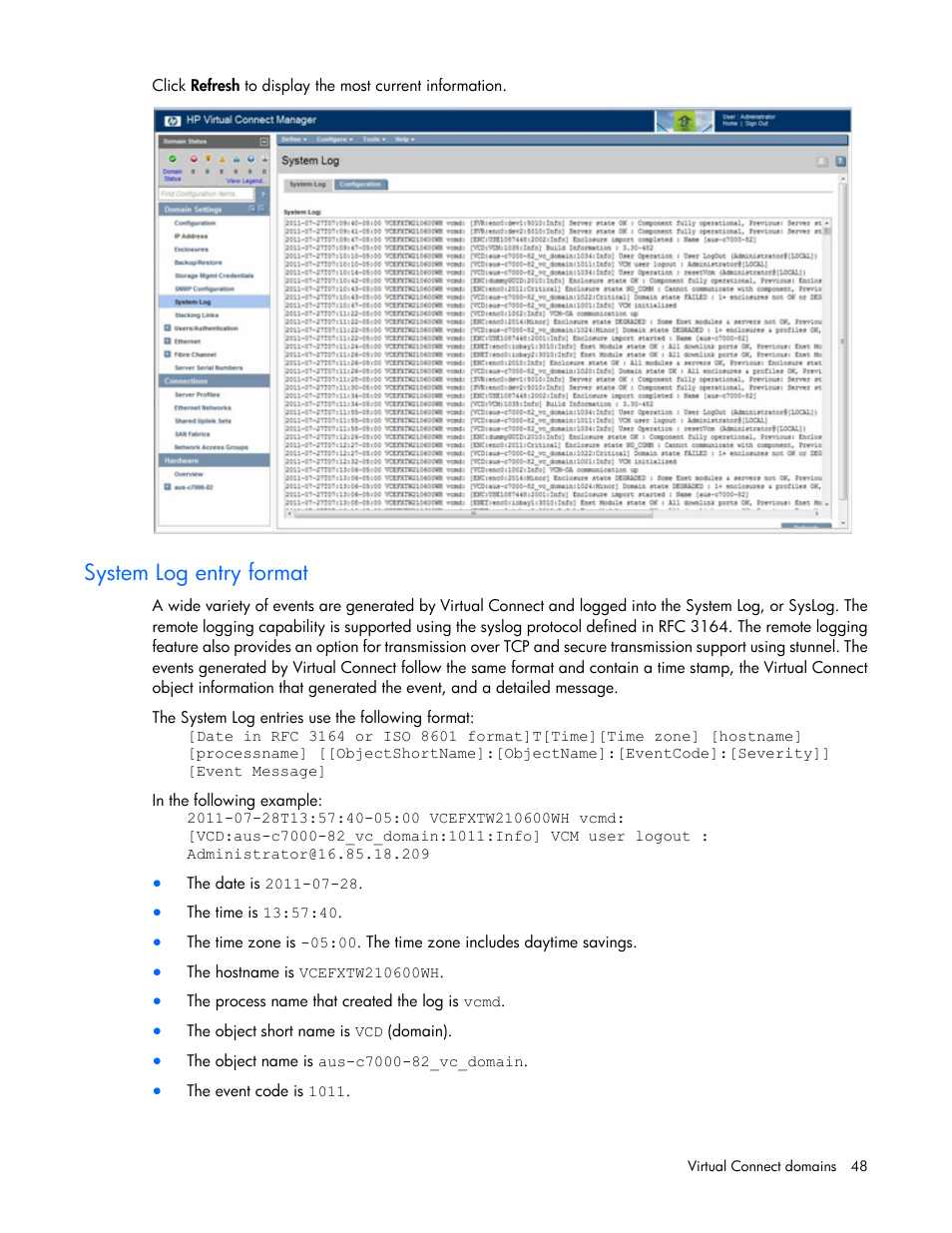 System log entry format | HP Virtual Connect Flex-10 10Gb Ethernet Module for c-Class BladeSystem User Manual | Page 48 / 290