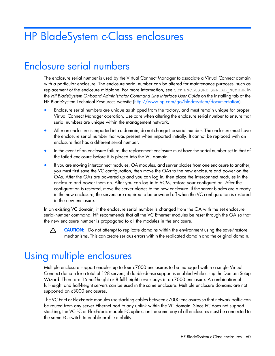 Hp bladesystem c-class enclosures, Enclosure serial numbers, Using multiple enclosures | HP Virtual Connect Flex-10 10Gb Ethernet Module for c-Class BladeSystem User Manual | Page 60 / 290