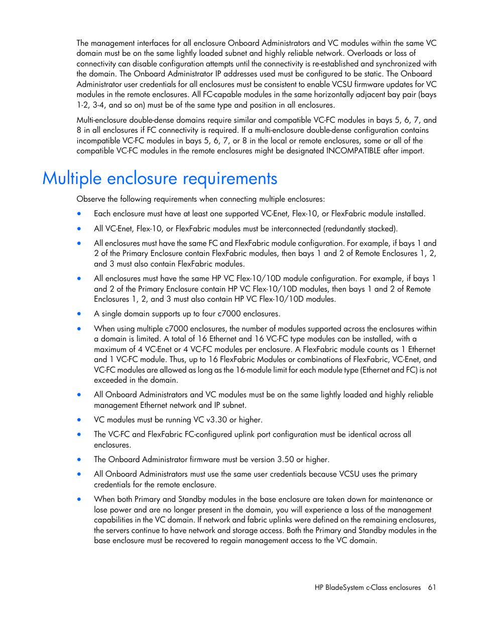 Multiple enclosure requirements | HP Virtual Connect Flex-10 10Gb Ethernet Module for c-Class BladeSystem User Manual | Page 61 / 290