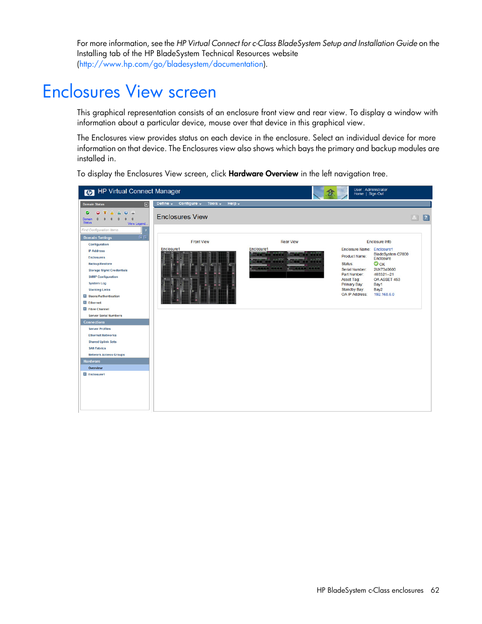 Enclosures view screen | HP Virtual Connect Flex-10 10Gb Ethernet Module for c-Class BladeSystem User Manual | Page 62 / 290