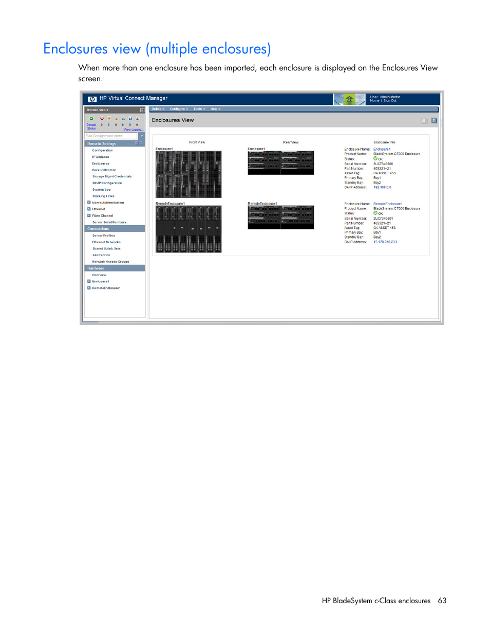 Enclosures view (multiple enclosures) | HP Virtual Connect Flex-10 10Gb Ethernet Module for c-Class BladeSystem User Manual | Page 63 / 290