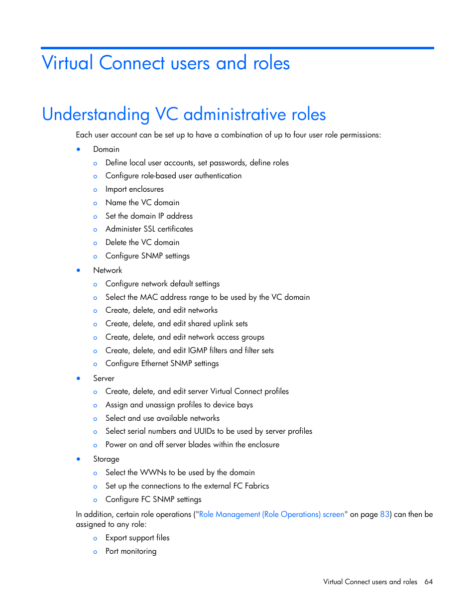 Virtual connect users and roles, Understanding vc administrative roles | HP Virtual Connect Flex-10 10Gb Ethernet Module for c-Class BladeSystem User Manual | Page 64 / 290