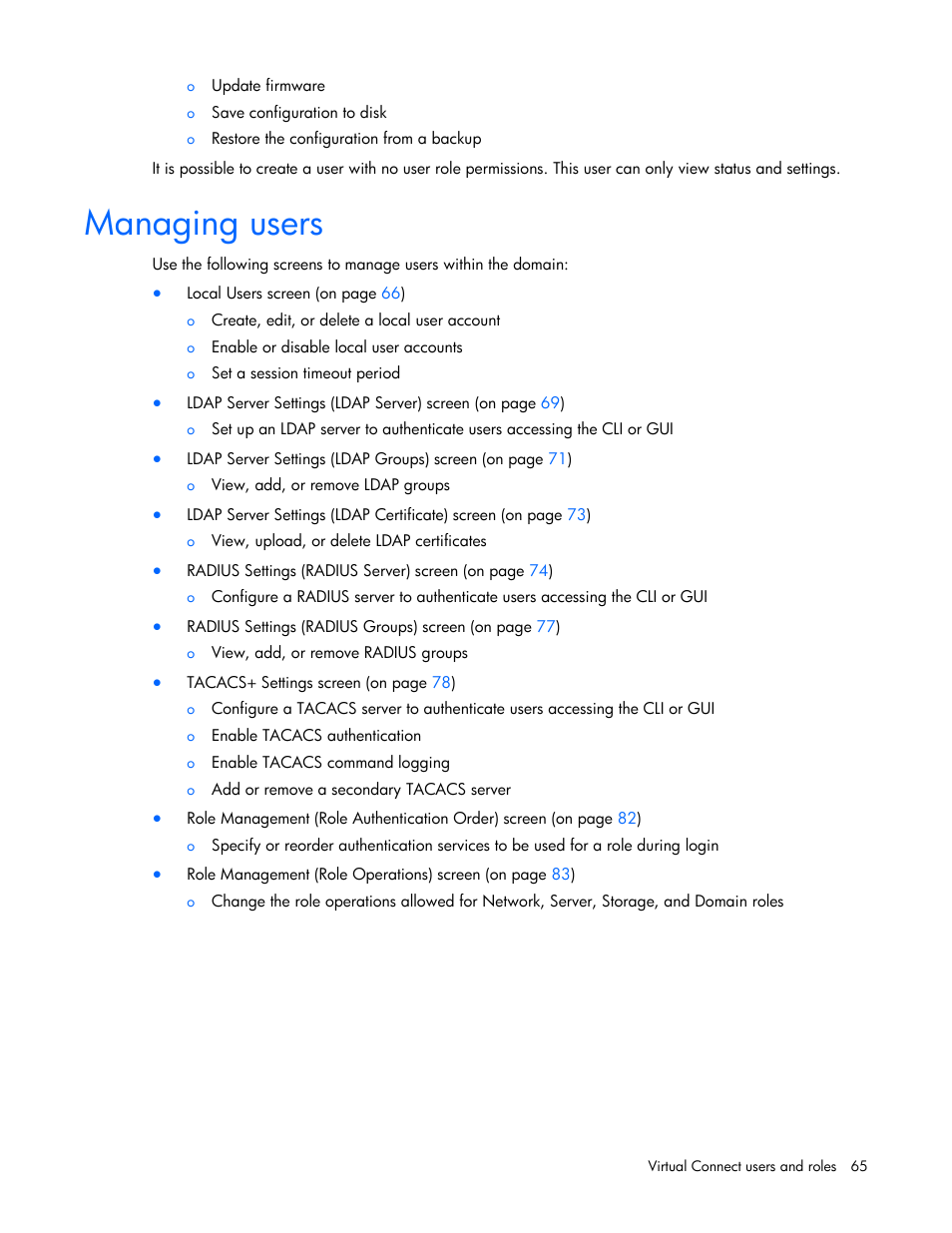 Managing users | HP Virtual Connect Flex-10 10Gb Ethernet Module for c-Class BladeSystem User Manual | Page 65 / 290